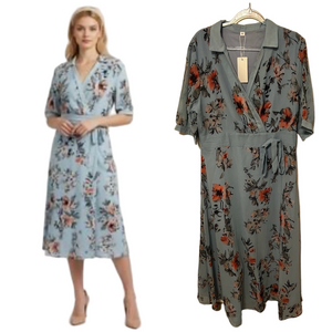 🐞Sky Blue Floral Wrap Midi Dress with Tie Waist size XL NWT